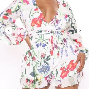 Fashion Nova White Floral Wrap Romper with Belt